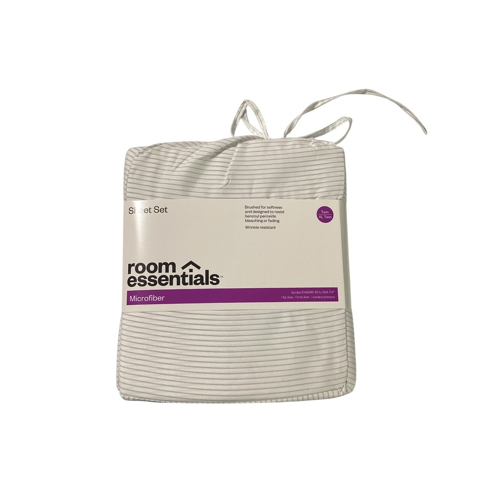 Room Essentials Microfiber Sheet Set Twin XL Twin Grey‎ White Stripe 3 Piece NEW